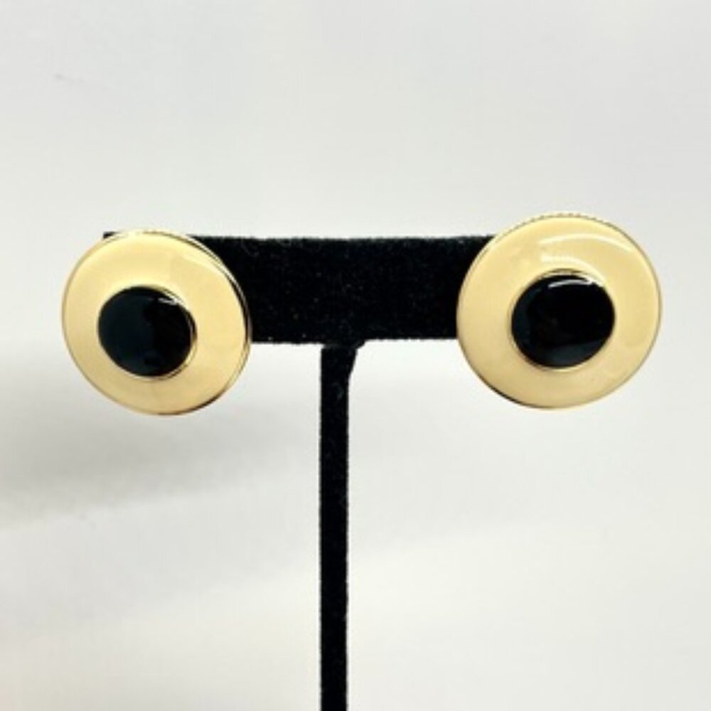 VINTAGE MONET EARRINGS Enamel Earrings Cream Black Circle Button Mod Deadstock